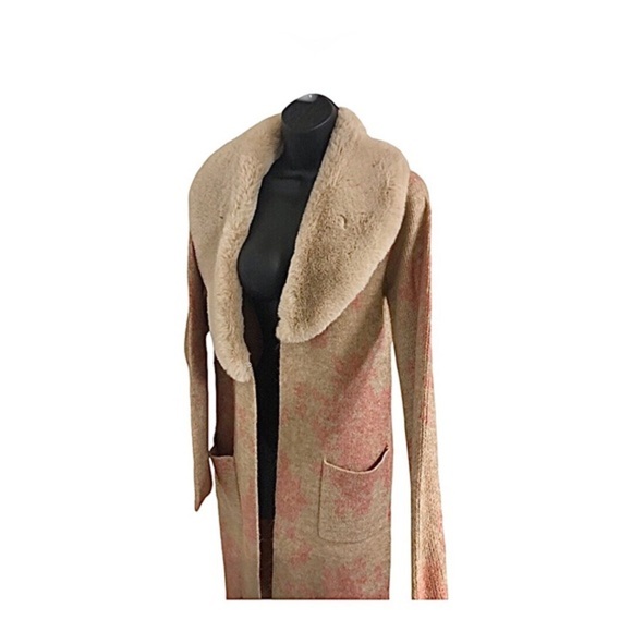 Tan & pink glam oversized faux fur collar open front long cardigan size small - Picture 14 of 14
